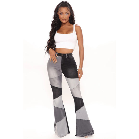 Autumn European and American women's clothing plus size elastic denim wide leg fashionable patchwork jeans for women