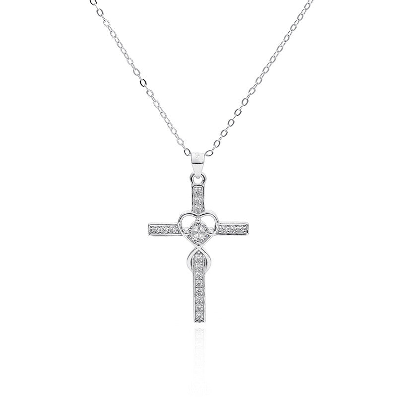 Creative 925 sterling silver heart-shaped cross necklace with fashionable simple and versatile accessories